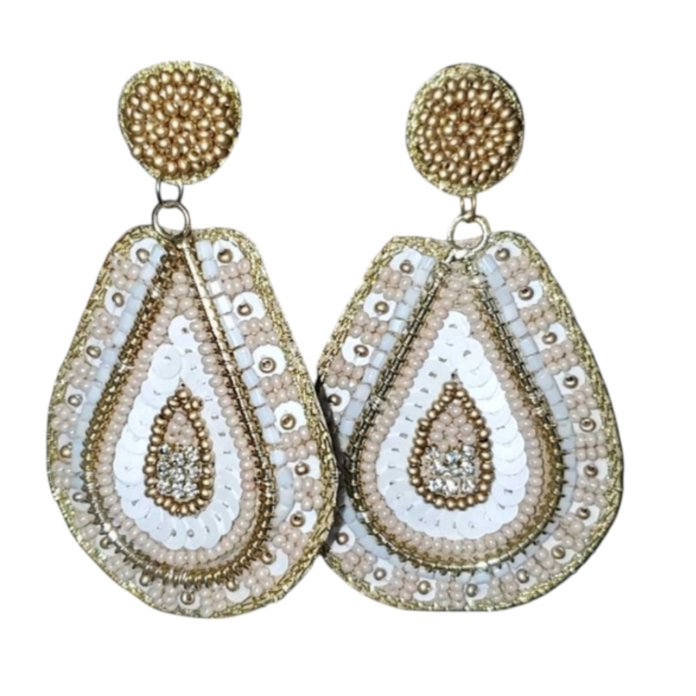BIG BOHO Teardrop Statement Earrings Post Pierced Gold & White Beaded & Sequins